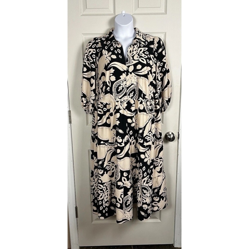 Women's Black Beige Tan Paisley Tiered Floral Midi Dress 1X